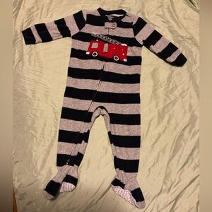 Carter's Navy and Gray Striped Footie with Fire Truck
